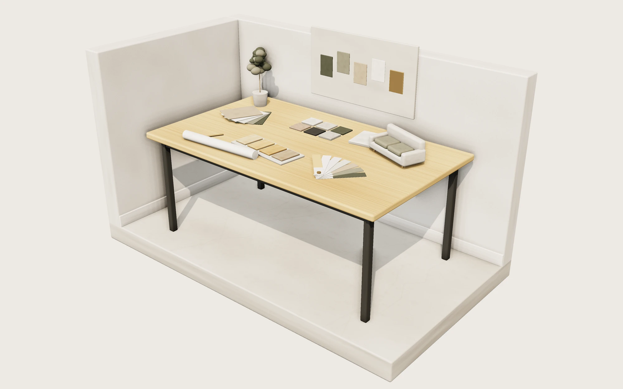 3D render of a designer table with material samples
