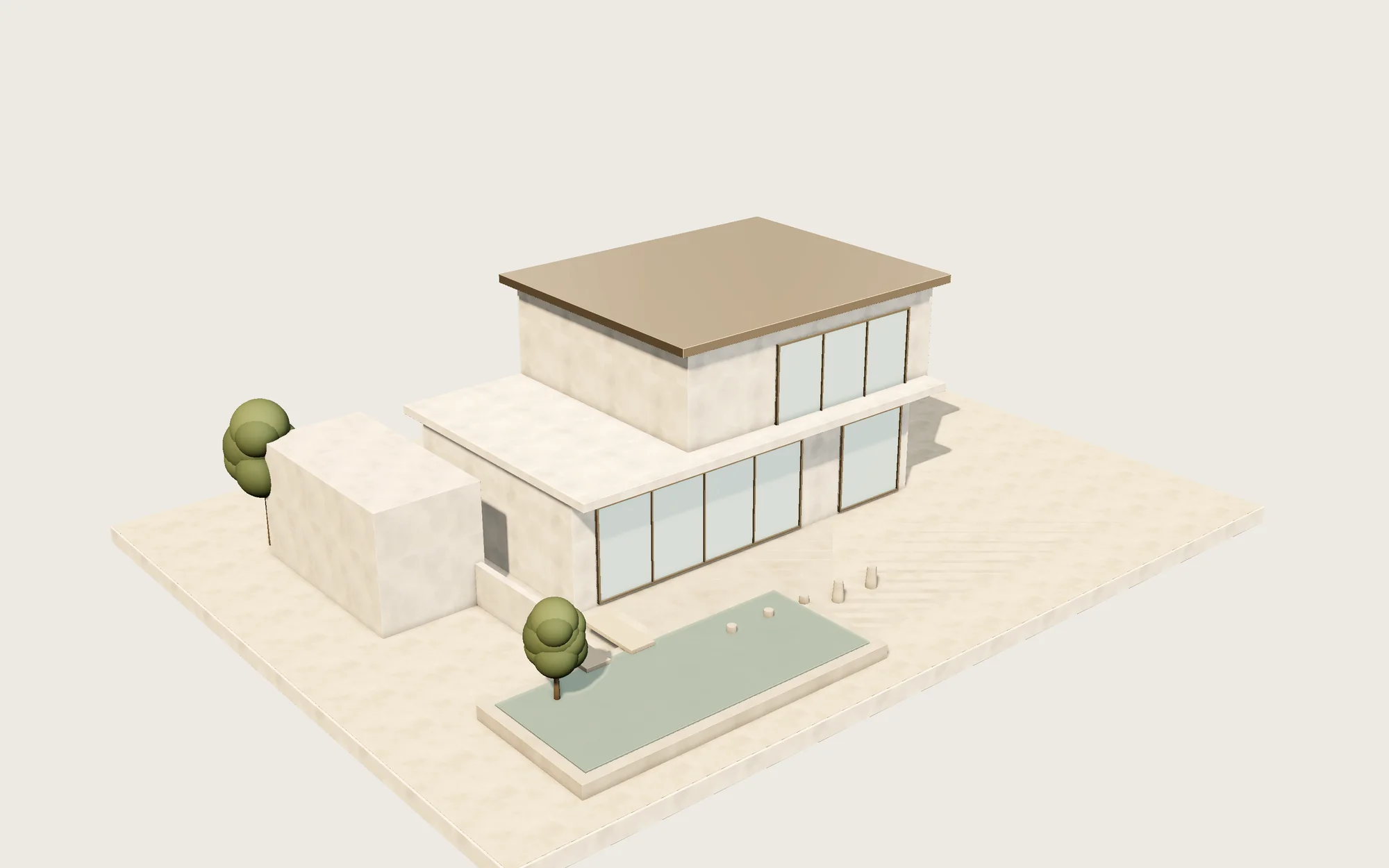 Architectural model of a two-story Los Angeles home with a pool, studio render