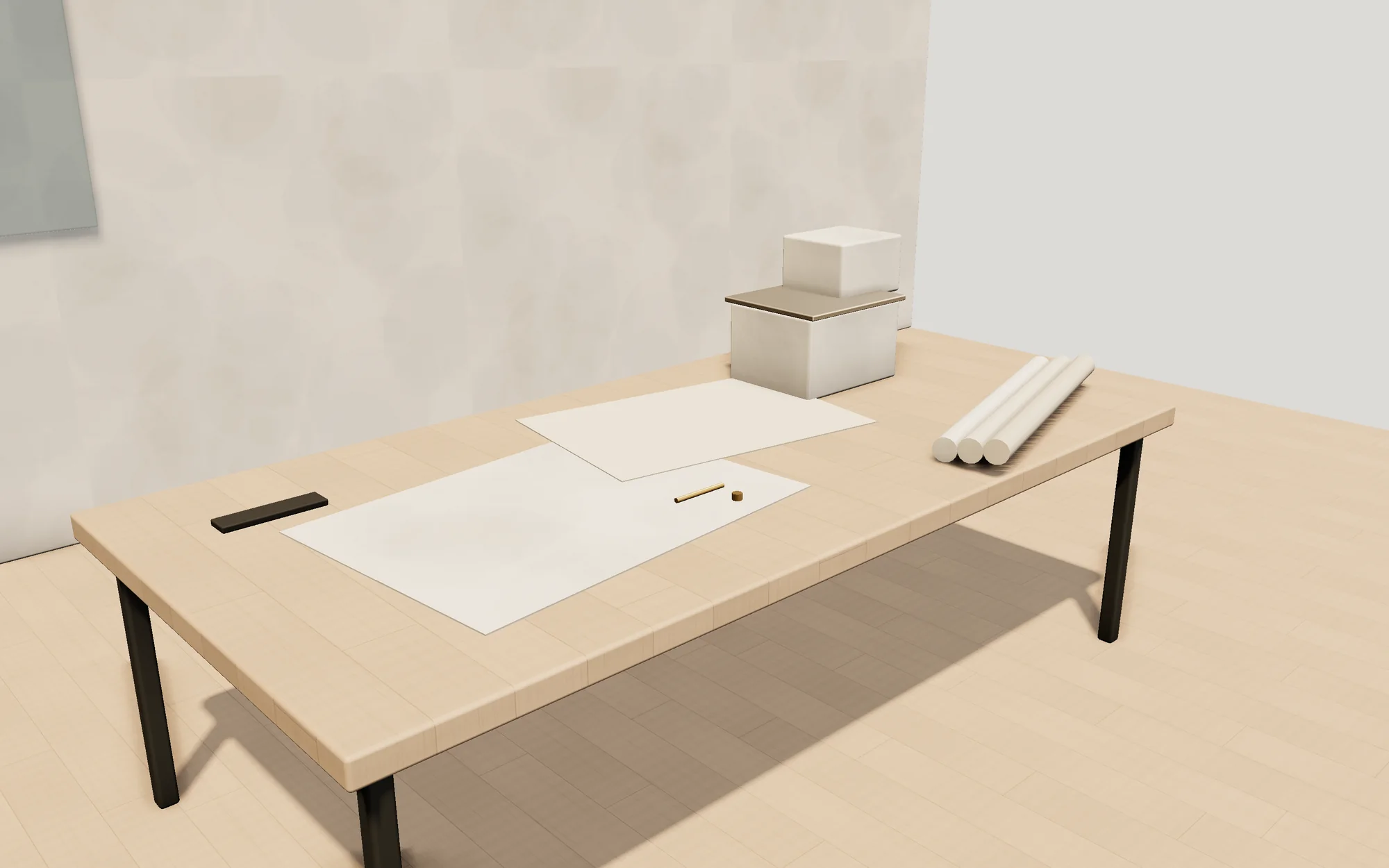 Architect’s desk with drawings, rolled plans and a massing model, studio render